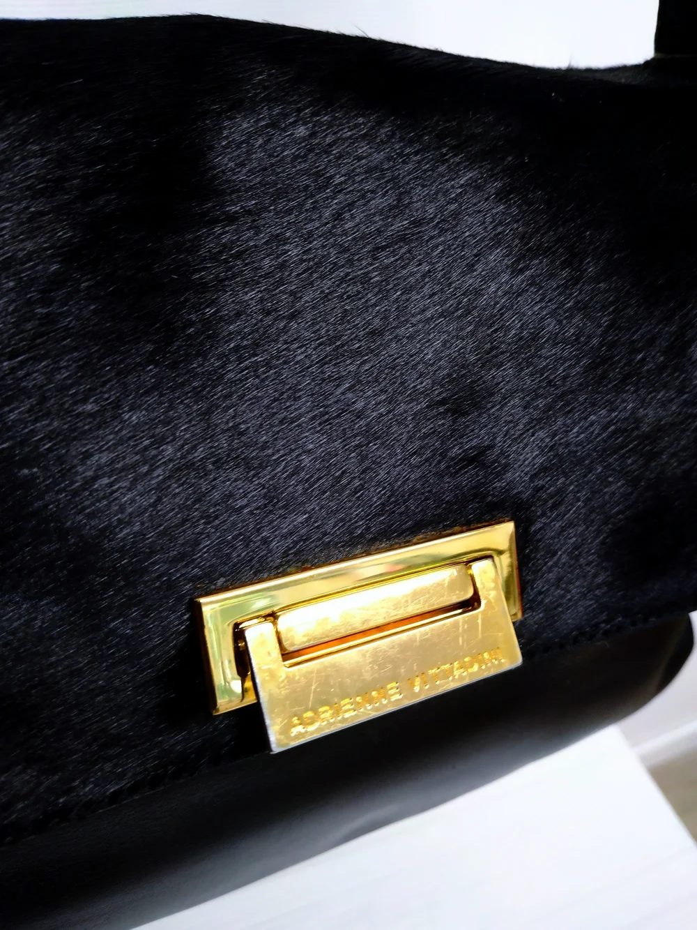 Black Leather and Haircalf Shoulder Bag with Gold Hardware From Adrienne Vittadi